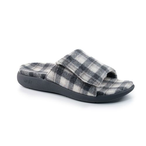 Strole Den Tartan Women's Wool Slide Slippers with Orthotic Arch Support Strole- 030 1 - Charcoal - Profile View