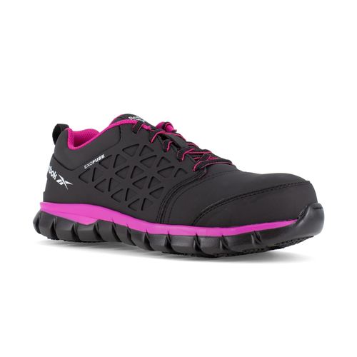 Reebok Work Women's Sublite Cushion EH Composite Toe Athletic Work Shoe Industrial - Black/Pink - Profile View