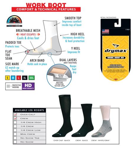 DryMax Workboot Crew Socks - Keeps Feet Dry & Comfortable - White Black