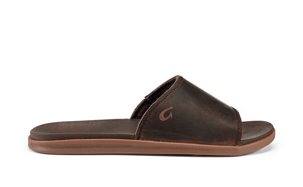 Olukai Alania Men's Leather Slide Sandals - Dk Wood/Dk Wood - Side