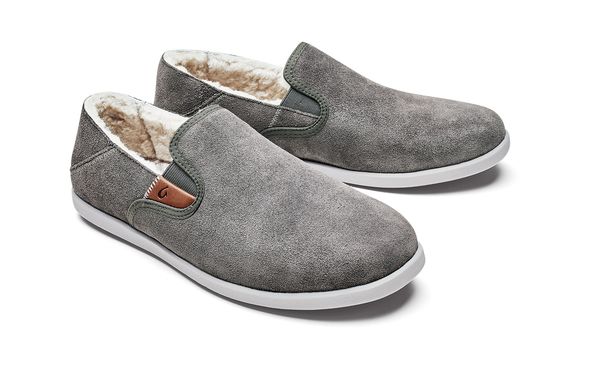 Olukai Hele Malie Men's Leather Slippers - Charcoal / Mist Grey - Pair