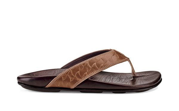 OluKai Hikianalia Men's Leather Beach Sandals - Tan / Dark Java - Side