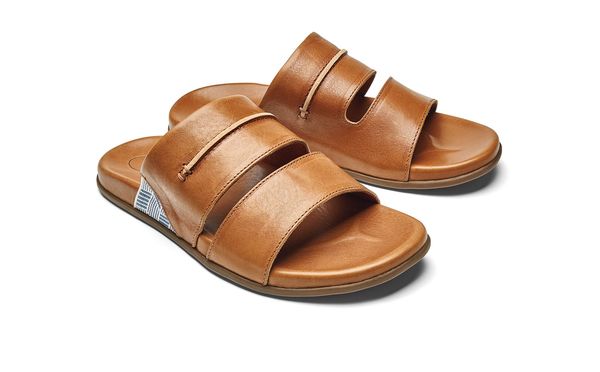 OluKai Malino Olu Men's Leather Slide Sandals - Kukui Brown / Kukui Brown - Pair