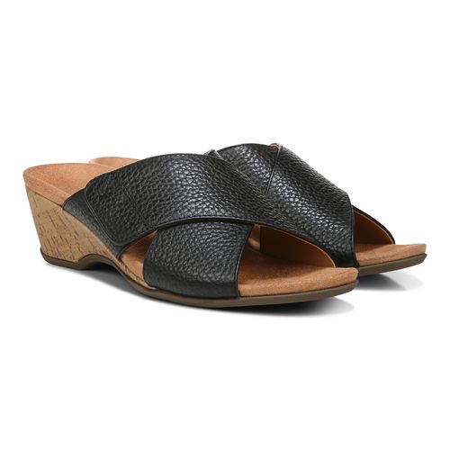 Vionic Leticia Women's Wedge Comfort Sandal - Black-Tumbled Leathe - Pair